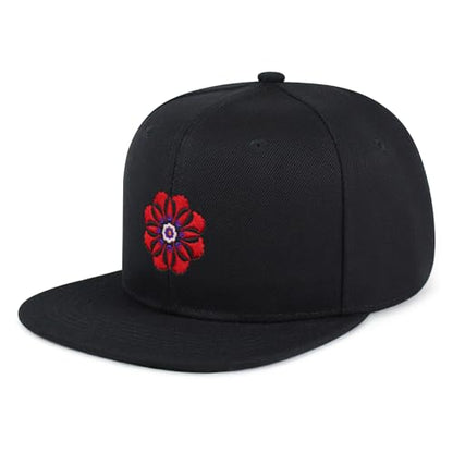 Flower Ornament Hip-Hop Snapback Hat Embroidered Baseball Cap Floral Embellishment - color: 04. Black