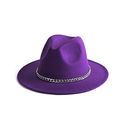 Women Men Wide Brim Fedoran Hat with Chain Belt Buckle - color: Purple