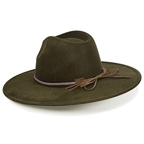 FLUFFY SENSE. Big Wide Brim Fedora Hat for Women - Nashville Outfits Western Hats Women's Felt Panama Rancher Hat - color: Olive Green