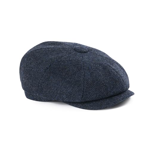 FEINION Men 8 Panel Herringbone Wool Newsboy Cap - color: Herringbone Navy, size: 7 3/8