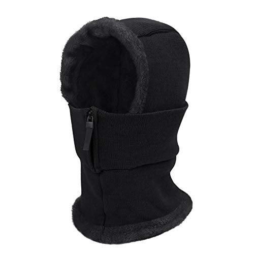 Women Winter Fleece Lined Balaclava Windproof Warm Knit Full Cover Hooded Cap - color: Black