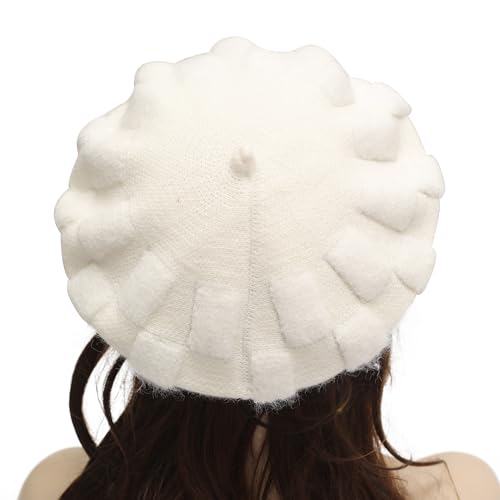 ZLYC Women French Beret Hat Reversible Solid Color Knit Warm Artist Cap - color: Checkered White