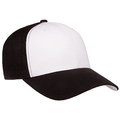 Flexfit 6511 Fitted Mid-Profile Stretchable Mesh Panels Trucker Cap - color: Black/White/Black, size: Small-Medium