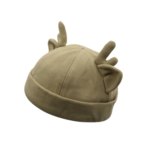 Beanie Hats for Women Men Brimless Skullcap Docker Cap with Reindeer Antlers Rolled Cuff Retro Adjustable Sailor Cap - color: Khaki
