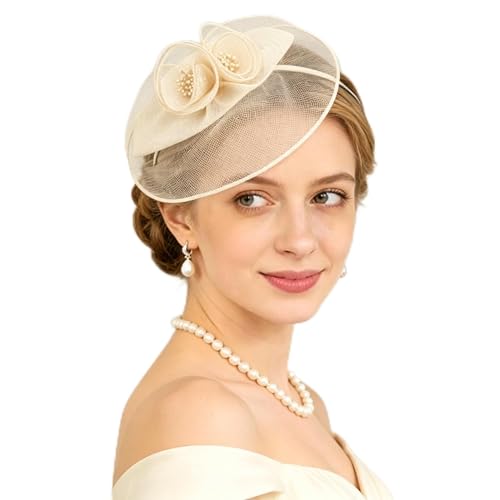 Fascinator Hat for Women Vintage Derby Hat Tea Party & Church Headpiece with Headband and Clip - color: Champagne