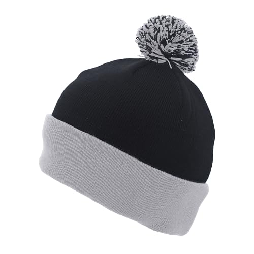 Pacific Headwear Unisex Adult Pacific Headwear Knit Fold Over Pom-pom Beanie - color: Black/Graphite/White, size: One Size