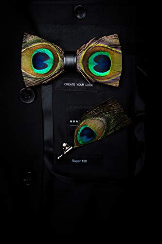 RBOCOTT Handmade Feather Pre-tied Bow tie and Brooch Sets for Men - color: Peacock Blue/Brown