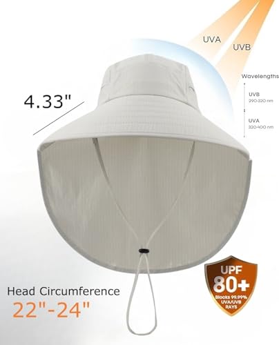 Home Prefer UPF 80+ Sun Hat for Men Women Wide Brim Sun Hat with Neck Flap Summer Beach UV Protection Gardening Fishing Hat - color: Light Grey