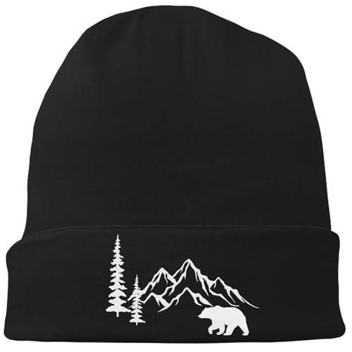 Black Knit Beanie Hat for Men Bear Classic Adult Beanie Cap Winter Warm Knitted Hat for Men Women Skull Hip Hop Cap for Men - color: Bear & Mountain