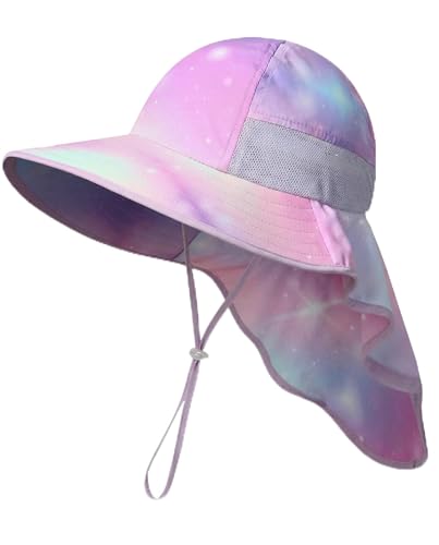 icolor Kids Sun Hat UPF50+ Sun Protection Bucket Hat Toddler Summer Beach Play Hats with Neck Flap for Girl Boy Ages 3~10 - color: Pinkstarry