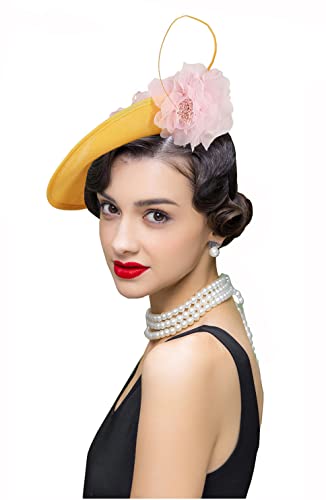 ORIDOOR Women Fascinators Derby Church Tea Party Wedding Flower Feathers Headpiece with Headband Clips - color: 06a-yellow+pink