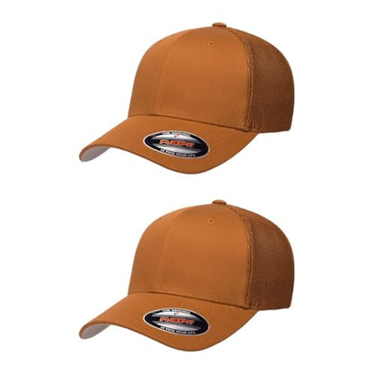 Flexfit 6511 Fitted Mid-Profile Stretchable Mesh Panels Trucker Cap - color: Caramel, size: Small-Medium