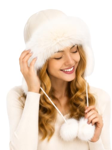 DLNYC Women’s Faux Leather Winter Hat with Faux Fur Trim, Soft Lined Cap with Hanging Cords & Pom-Poms, Warm Stylish Hat - color: White