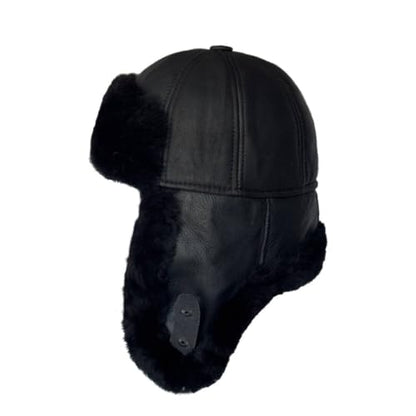 Leather Aviator Russian Ushanka Trapper Shearling Sheepskin Fur Ear Flap Waterproof Winter Hat - color: Black, size: Large