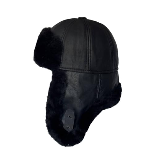 Leather Aviator Russian Ushanka Trapper Shearling Sheepskin Fur Ear Flap Waterproof Winter Hat - color: Black, size: Medium