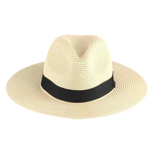 Foldable Brim Straw Hat Woven Beach Cap Wide Brim Summer Hat Travel Straw Sun Hat Packable Beach Hat with Black Band Beige - color: Beige