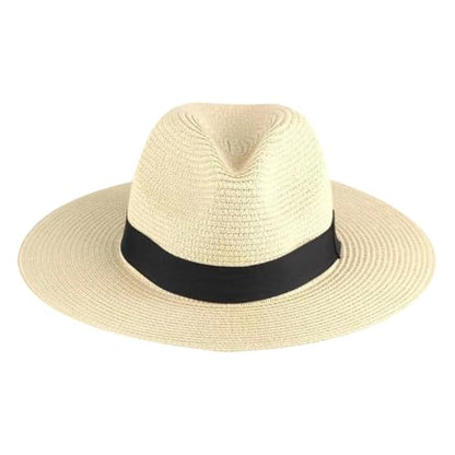 Foldable Brim Straw Hat Woven Beach Cap Wide Brim Summer Hat Travel Straw Sun Hat Packable Beach Hat with Black Band Beige - color: Beige