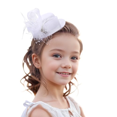Zinniday Mini Tea Party Hats - Girl Hat for Tea Party Favors, Mini Fascinator Hair Clip with Veil Vintage Mesh Feather for Girls and Women Birthday White - color: White