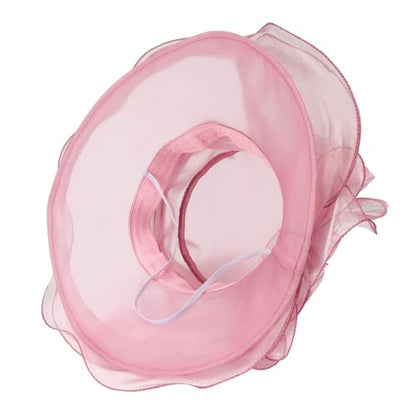 AQOKKA Women Organza Church Fascinators Kentucky Derby Hats for Women and Girls Wedding Flower Tea Party Hat with Wide Brim - color: Simulated Flower : Light Pink