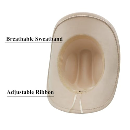 Western Cowboy Hat for Men Cowgirl Hat for Women Wide Brim Felt Fedora Hats Classic Cowboyhat with Buckle Belt - color: Beige 01