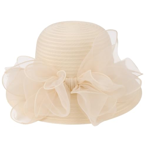 DRESHOW Lady Derby Dress Church Bowler Cloche Hat Bowknot Organza Bridal Cap for Wedding - color: 1 Pack Bowler Hat: Beige