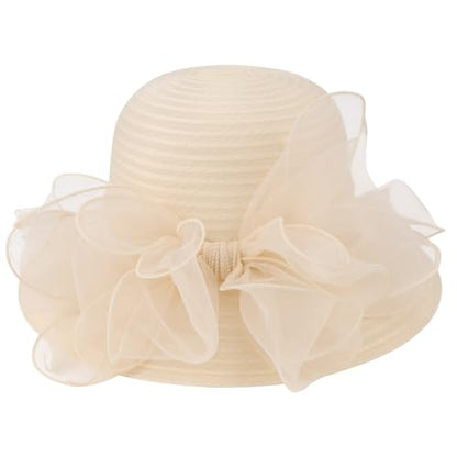 DRESHOW Lady Derby Dress Church Bowler Cloche Hat Bowknot Organza Bridal Cap for Wedding - color: 1 Pack Bowler Hat: Beige