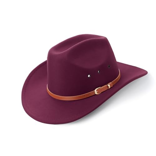DRESHOW Cowboy Hat for Women and Men Western Felt Cowboy Cowgirl Hat Wide Brim Belt Buckle Retro Fedora Hats Unisex Caps - color: 1 Pack Style 5: Burgundy, size: Large