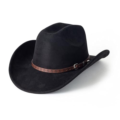 Western Cowboy Hat for Women Men Retro Suede Hat - color: Black-small Flower Belt