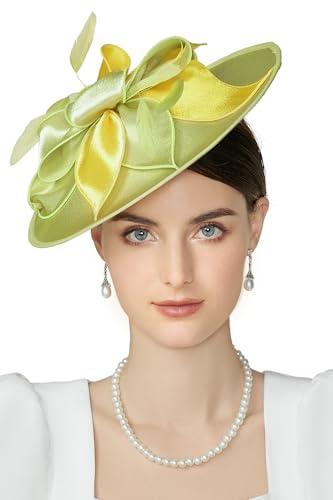 BABEYOND Derby Hats for Women Wide Brim Flower Feather Tea Party Fascinator - color: Green