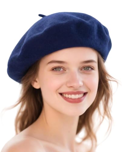 Wool French Beret Hats for Women Classic Winter Beanie Cap - color: Navy Blue