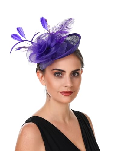 SAFERIN Women's Fascinators Feathers Tea Party Hat Veil Headband with Hair Clip for Cocktail Church - color: Ta4-purple
