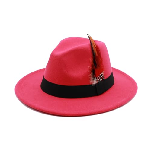 Mens Fedora Hats Classic Wide Brim Fedora Hat for Women Men Dress Hats Panama Hat with Band - color: Rose Red