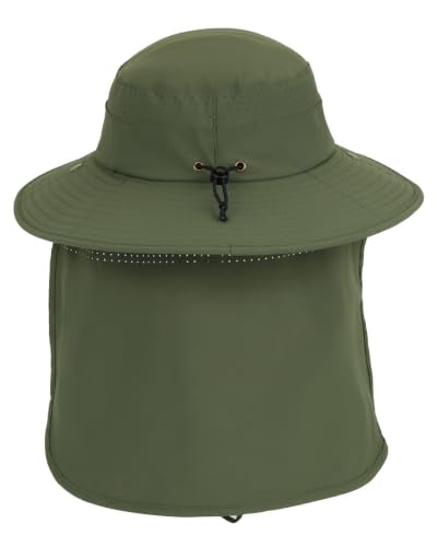 UPF50+ Sun Hat for Men Women,UV Protection Wide Brim Mesh Fishing Hat with Neck Flap for Outdoor Hiking - color: Army Green