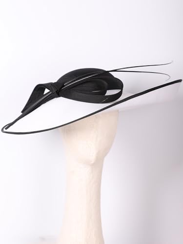 Big Wide Brim Fascinator Hats for Women Ladies Kentucky Tea Party Dress Flat Top Fedoras Hat with Bow Feather - color: Black With White