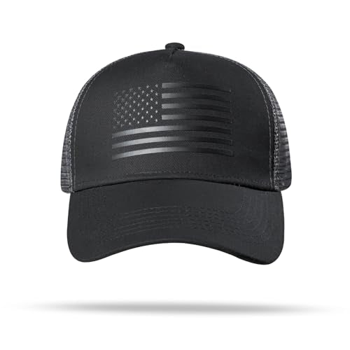 American Flag Trucker Hat - Snapback Hat, Baseball Cap for Men Women - Breathable Mesh Side, Adjustable Fit - for Casual Wear - color: Black/Dark Gray