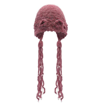 ZLYC Women Winter Crochet Knit Floral Beanie Hat - color: Tassels Raspberry, size: One Size