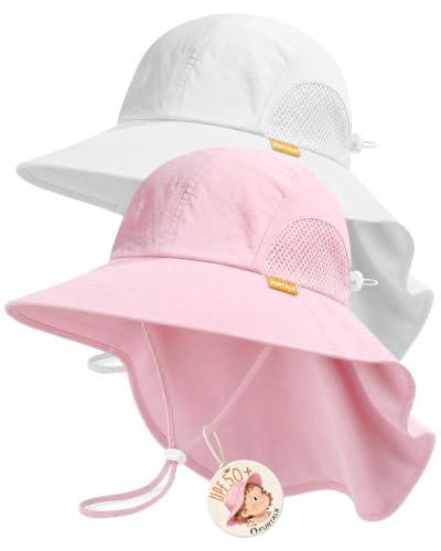 FURTALK Toddler Kids Sun Hat UPF 50+ Sun Protective Bucket Hat for Baby Summer Beach Hats - color: White+pink, size: 6-24 Months