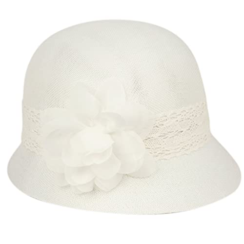 Women's Gatsby Linen Cloche Hat with Lace Band and Flower - color: White