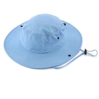 Home Prefer UPF50+ Mens Sun Hat Wide Brim Womens UV Protection Beach Bucket Hat for Fishing Hiking Snap Up Cowboy Hat - color: Light Blue