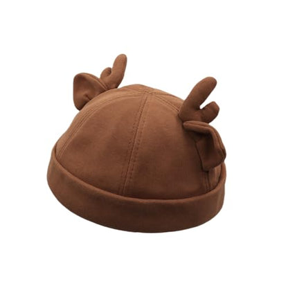 Beanie Hats for Women Men Brimless Skullcap Docker Cap with Reindeer Antlers Rolled Cuff Retro Adjustable Sailor Cap - color: Brick Red