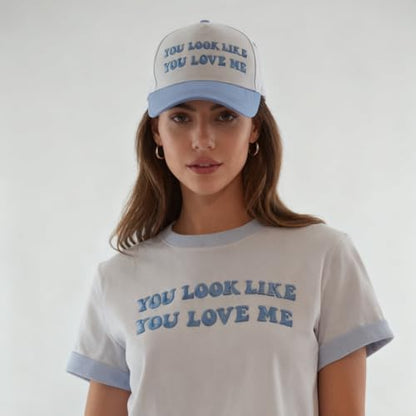 Hat Funny Embroidered Trucker Hat Adjustable Two Tone Snapback Canvas Baseball Cap for Womens - color: Blue-you Love Me