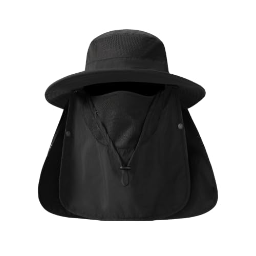 Men's Sun Hat Fishing Hat Boonie Hat UPF 50+ Wide Brim Outdoor Work Hat with Breathable Mesh and Chin Strap for Outwork - color: Black