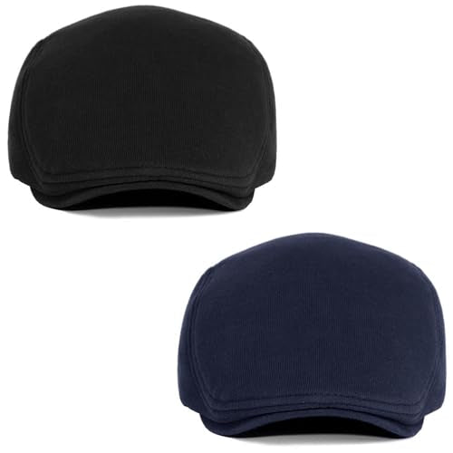 2 Pack Newsboy Cap for Men Women Flat Cap Beret Ivy Cabbie Hat - color: Black + Navy Blue