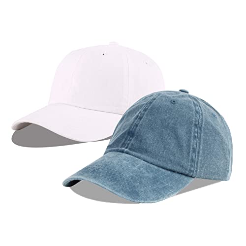LANGZHEN Unisex Baseball Cap 100% Cotton Fits Men Women Washed Denim Adjustable Dad Hat - color: Denim Blue+original White