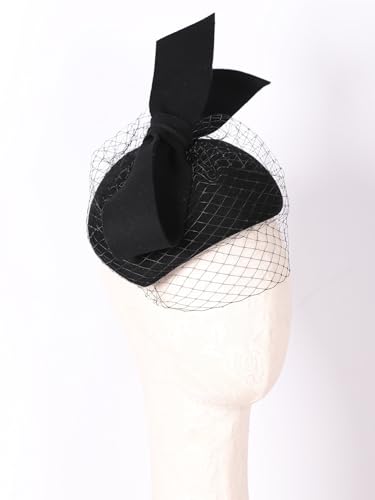 HIMESPORT Women Ladies Wool Felt Derby Fascinator Hats Wedding Bridal Tea Party Formal Femme Pillbox Hat with Veils Bow - color: Black