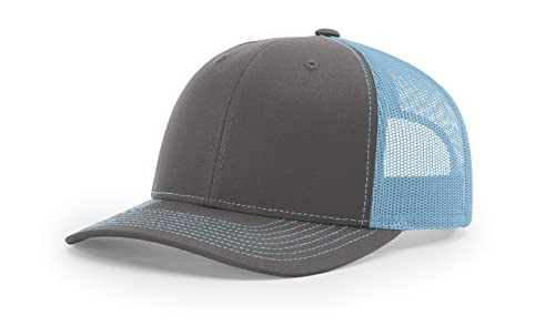 Richardson 112 Trucker Hat - Premium Blank Baseball Cap, Adjustable Snapback Hat - Structured Six Panel Richardson Blank Hats - color: Charcoal/Columbia Blue