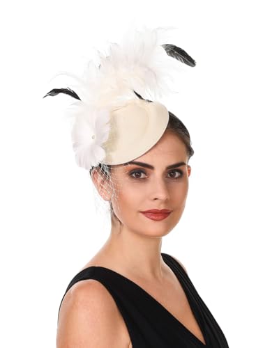 SAFERIN Fascinator for Women Hair Clip Hat Bowler Feather Flower Veil Wedding Party Hat Tea Hat - color: C-beige