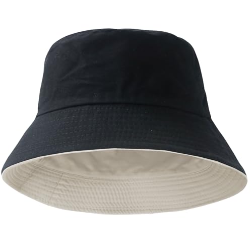 Bucket Hat for Men Women Cotton Sun Hats Unisex Packable Bucket Hats Summer Travel Beach Cap - color: Black/Beige(reversible), size: Small-Medium
