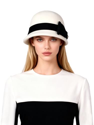 HIMESPORT Women's Black White Wool Felt Cloche Hat with Bow Formal Church Tea Party Dress Cocktail Bucket Hats - color: White
