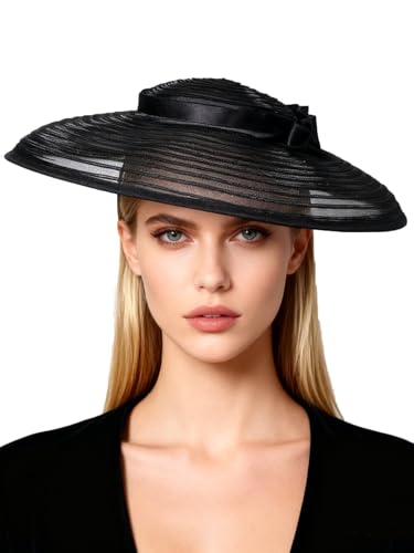 Black Formal Church Hat Headbands for Women Wide Brim Fascinators With Bow